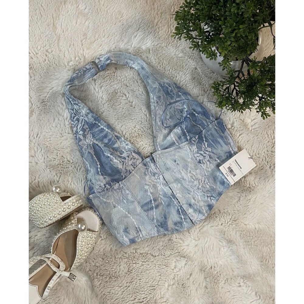 NWT Tic Toc LA Lace Over Denim Halter Corset Top - M